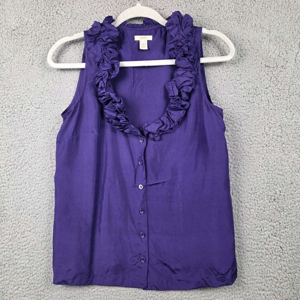 J.Crew Purple Silk Ruffle Collar Sleeveless Blouse Button Front Top 19938 Size 4